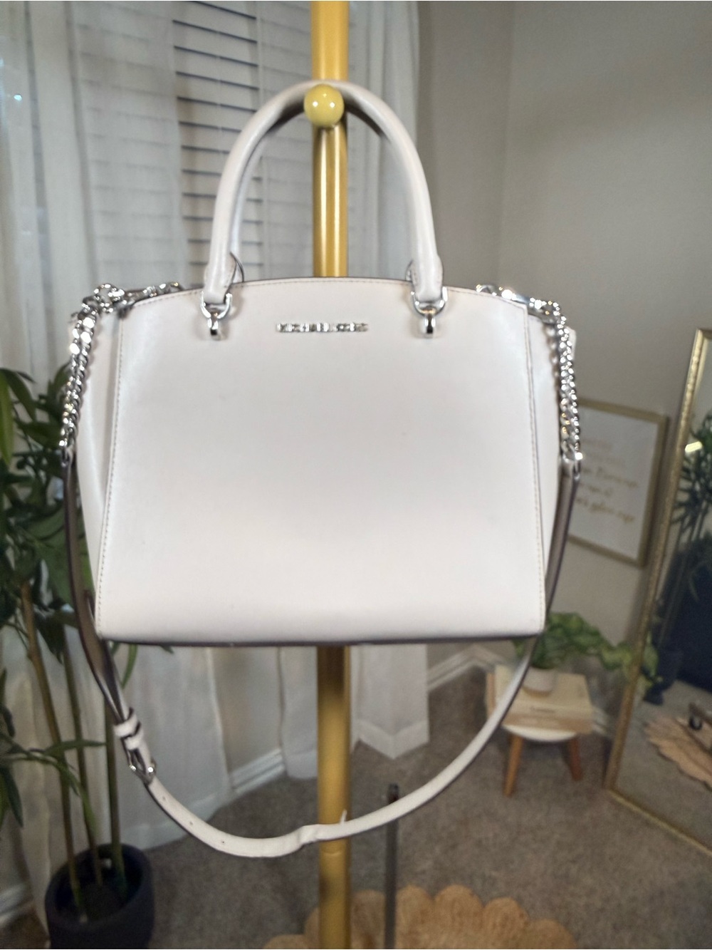 Michael Kors White Leather Satchel with Chain Strap